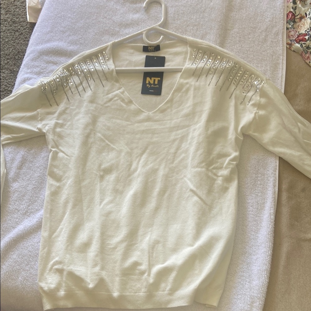 Italina White V-Neck Sweater with Silver Accents